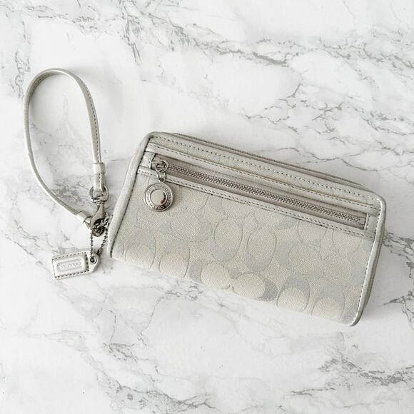 Coach Handbags - Coach White Silver Metallic Signature Jacquard Zip Around Wallet Wristlet